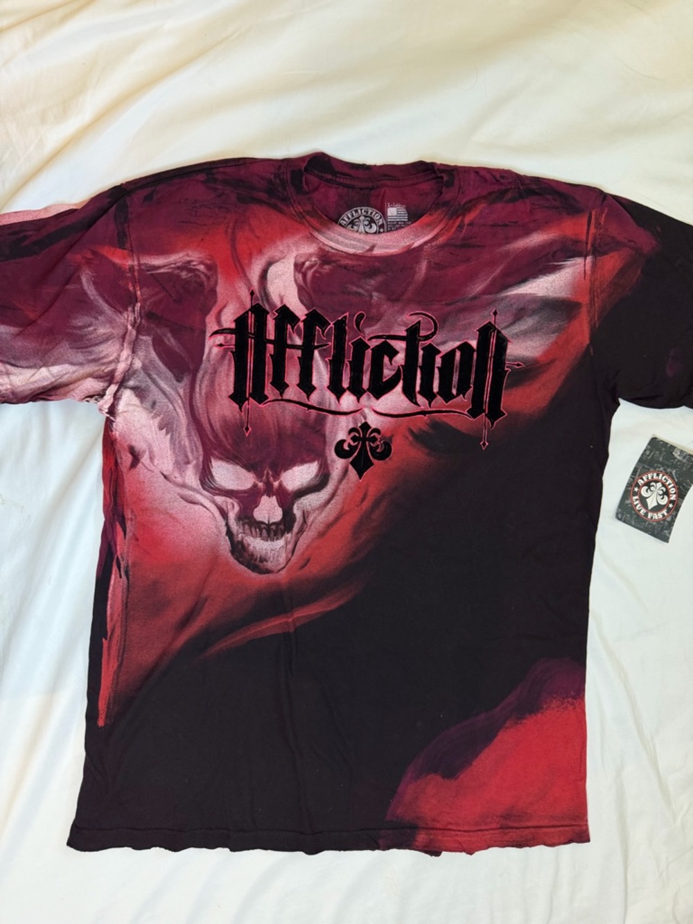 Affliction Maroon, Red and Black Skull Graphic Short Sleeve Tee